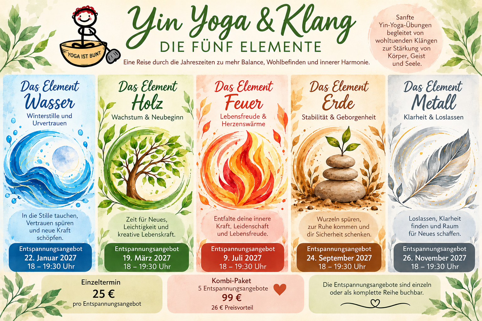 Yin Yoga & Klang - 5 Elemente - 5 Yin Yoga Sequenzen - Entspannungspaket